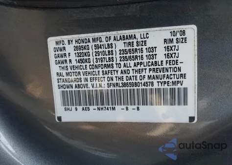 2009 Honda Odyssey Ex-L из США, поврежденный, VIN 5FNRL38659B014578